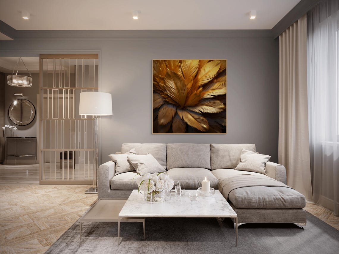 Golden Feather Luxury Abstract Art Poster in Warm Boho Gold Tones - Image 2