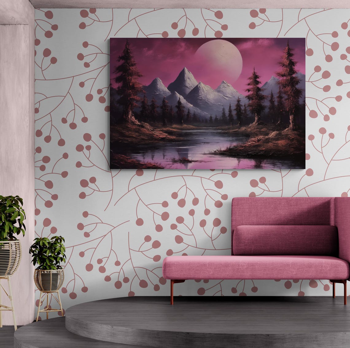 Snowy Mountains under Pink Moon Night Landscape Painting Poster - Image 3