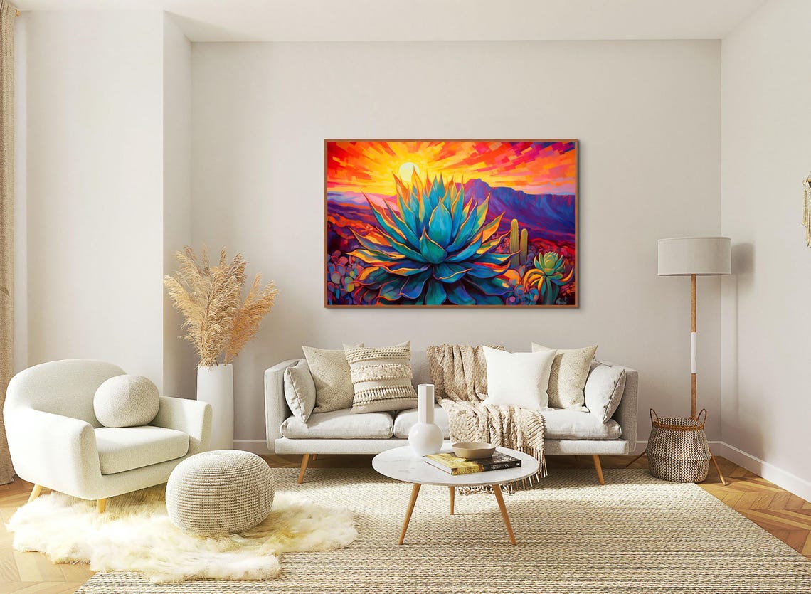 Vibrant Blue Agave Desert Sunset Southwestern Poster for Boho Decor