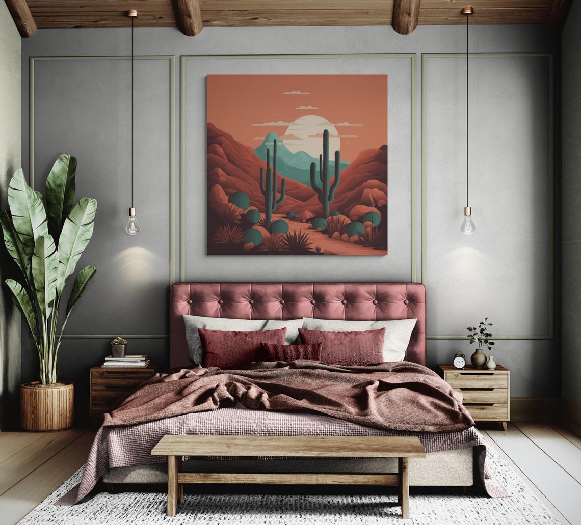 Boho Desert Saguaro Cactus Canyon Sunset Landscape Art Poster - Image 2