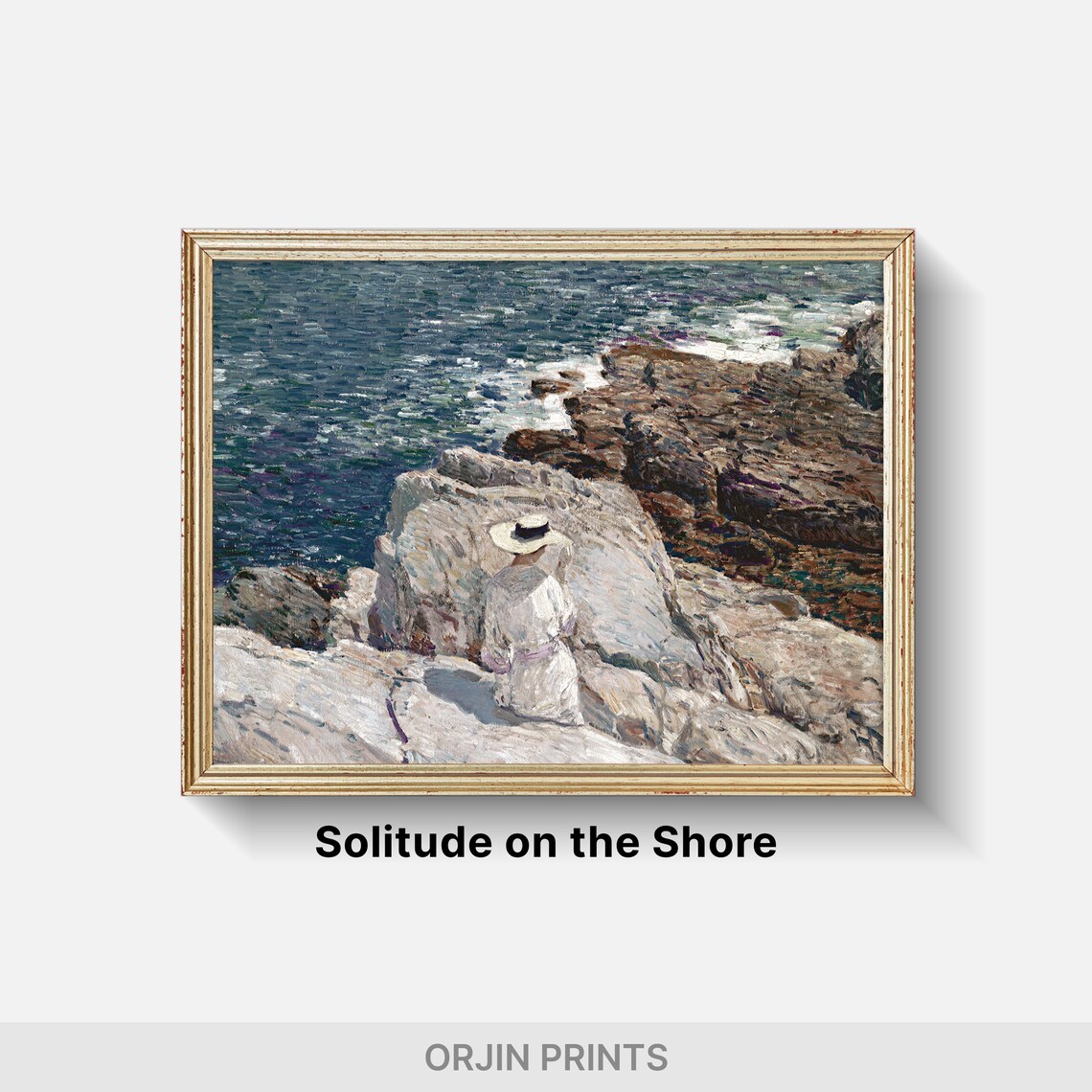 Woman in White Dress Sunlit Coastal Rocks Sea Gaze Art Poster - Image 2