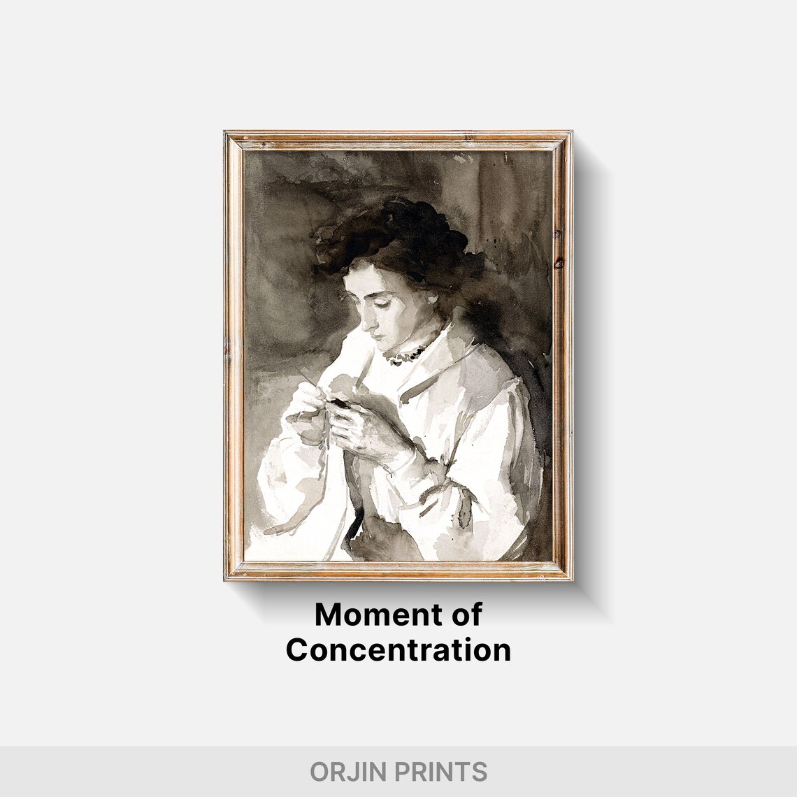 Monochrome Woman Sewing Ink Wash Vintage Portrait Style Print - Image 2