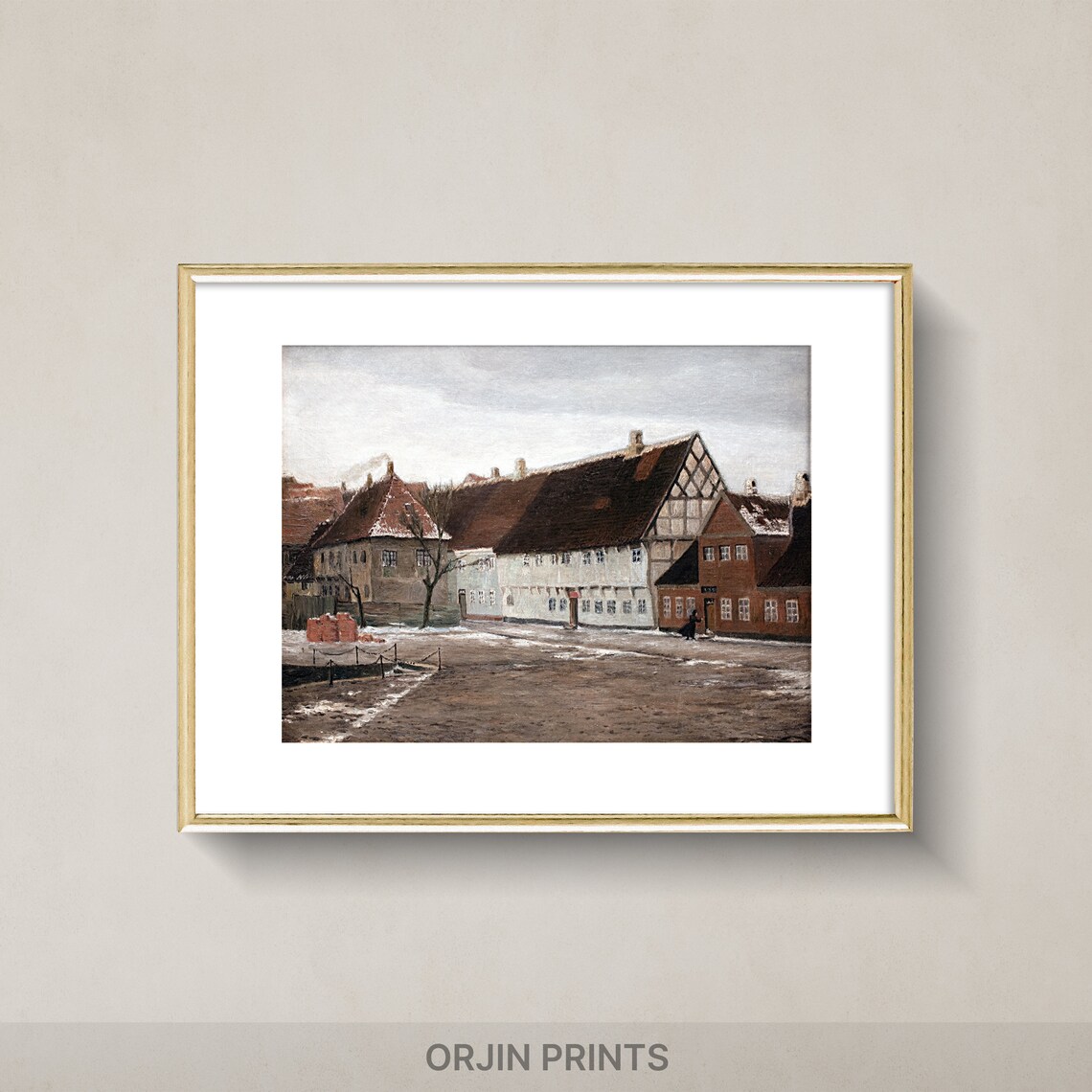 Half Timbered Old Town Winter Street Vintage European Poster