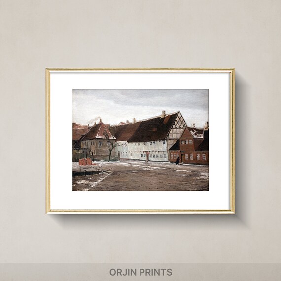 Half Timbered Old Town Winter Street Vintage European Poster