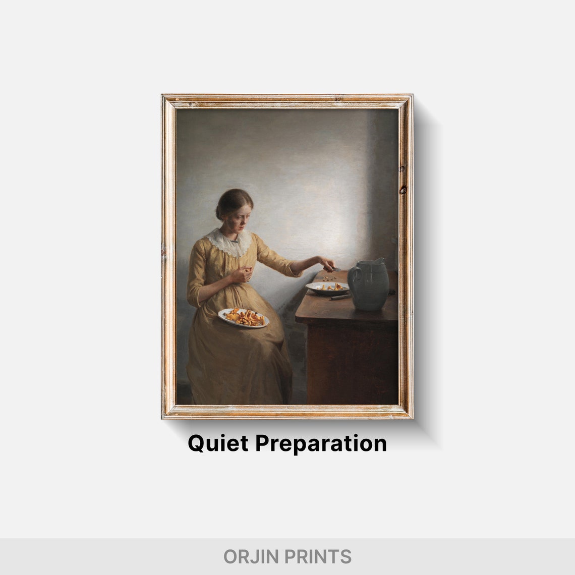 Young Woman Quietly Cleaning Mushrooms Soft Window Light Art Poster - Image 2
