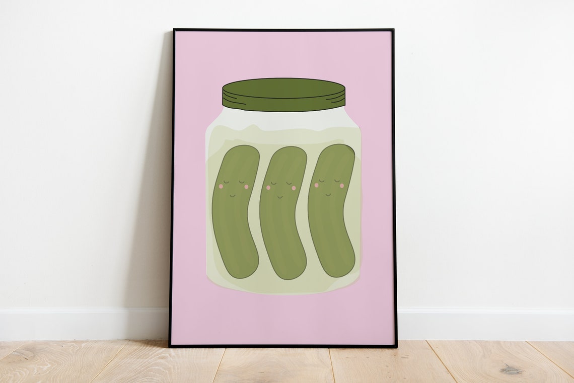Cute Smiling Pickles Jar Pink Kitchen Food Illustration Art Poster