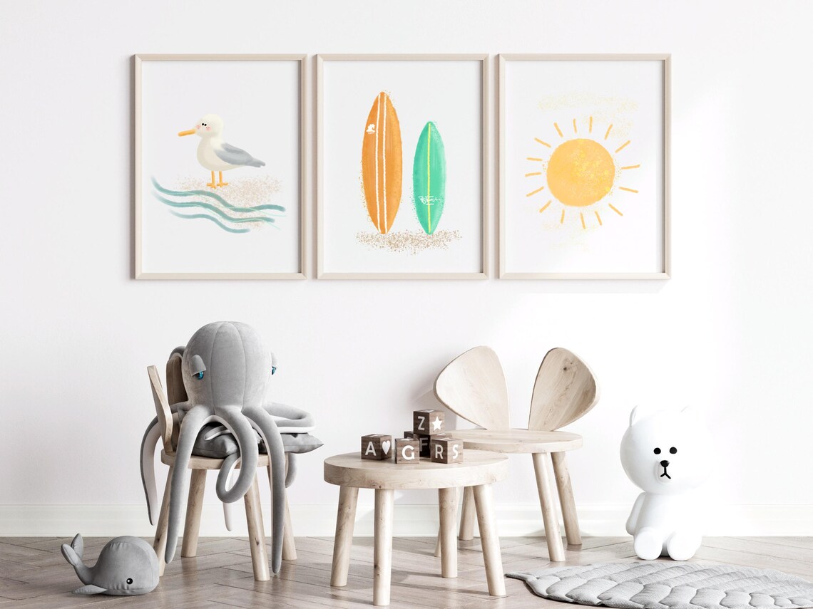 Orange and Green Surfboards Watercolor Surf Nursery Kids Wall Art - Image 2