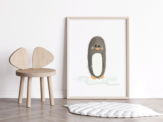 Cute Gray Baby Penguin Watercolor Winter Arctic Nursery Wall Art