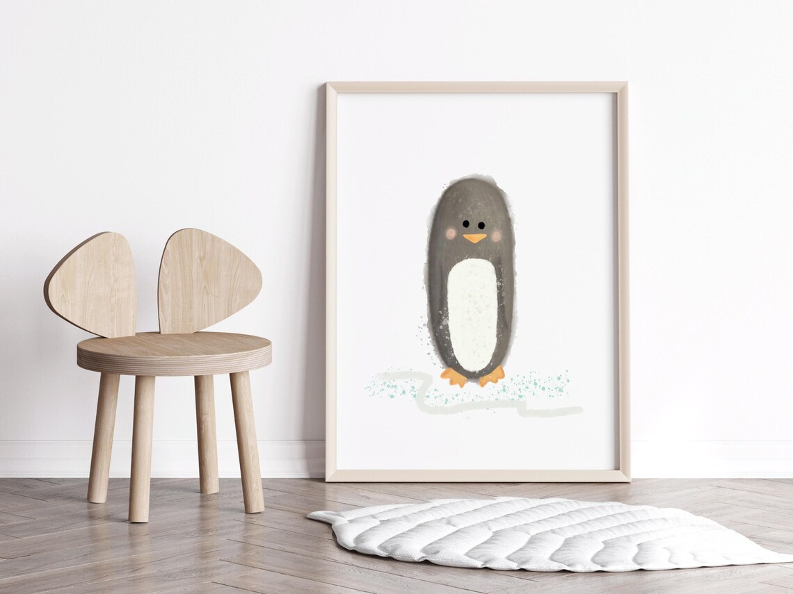 Cute Gray Baby Penguin Watercolor Winter Arctic Nursery Wall Art