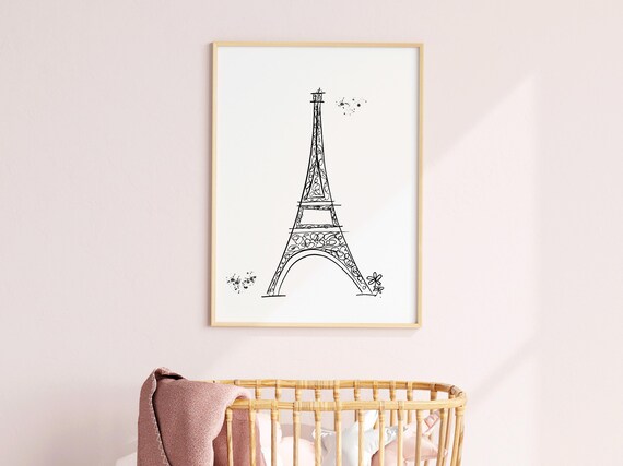 Eiffel Tower Black Line Sketch Paris Nursery Kids Wall Decor Poster