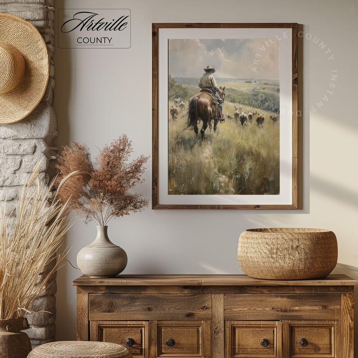 Cowboy On Horseback Herding Cattle Across Prairie Western Poster - Image 4