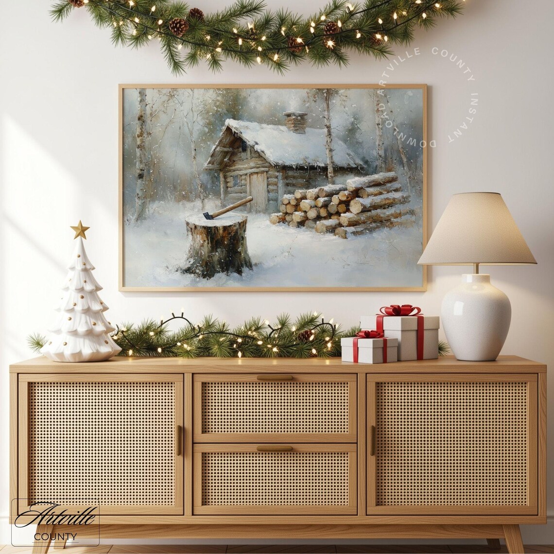 Vintage Winter Cabin Poster Print, Rustic Cottage