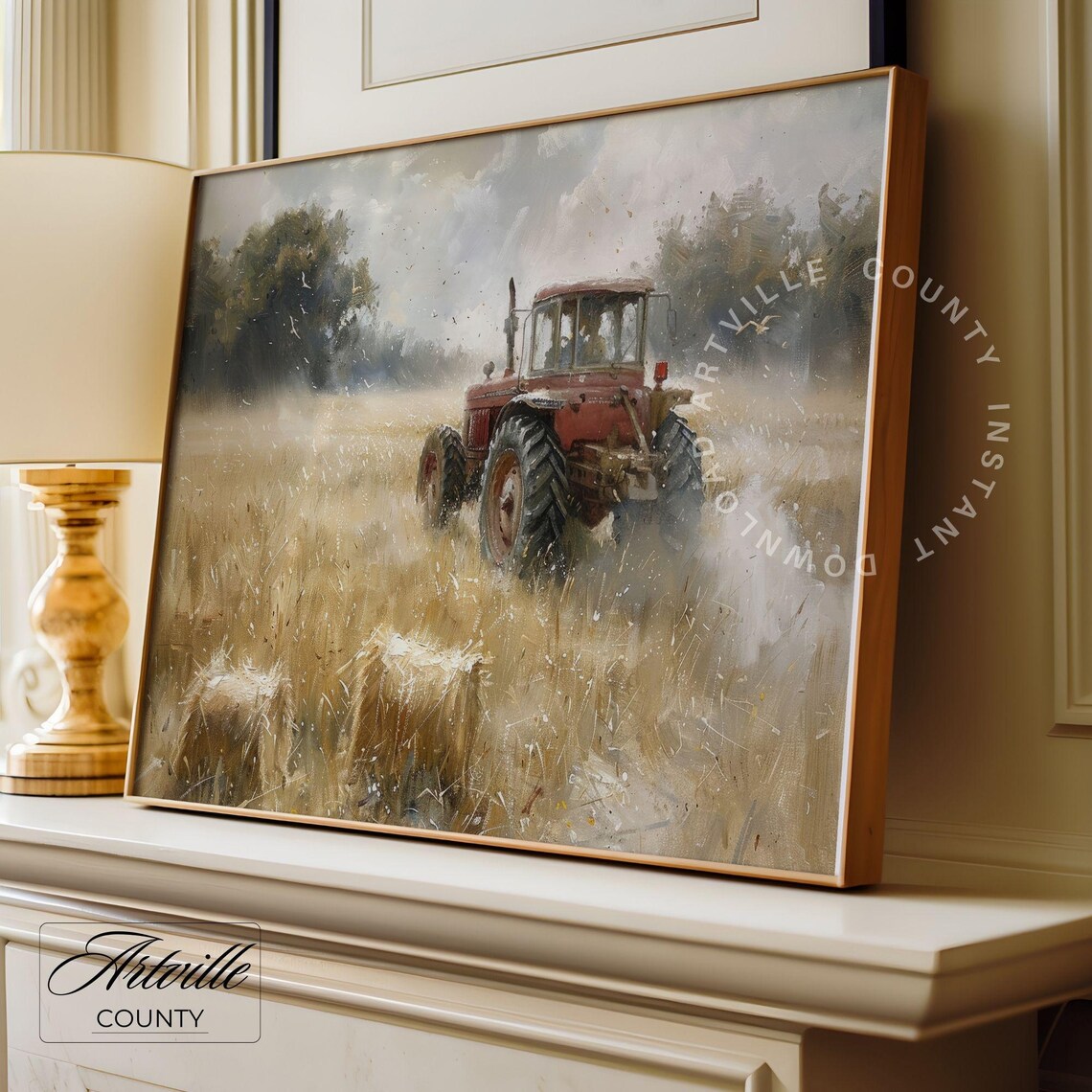 Vintage Tractor In Field Painting Farmhouse Wall Art Farm Wall Art Countryside Field Print Farming Scene Art Print - Image 2