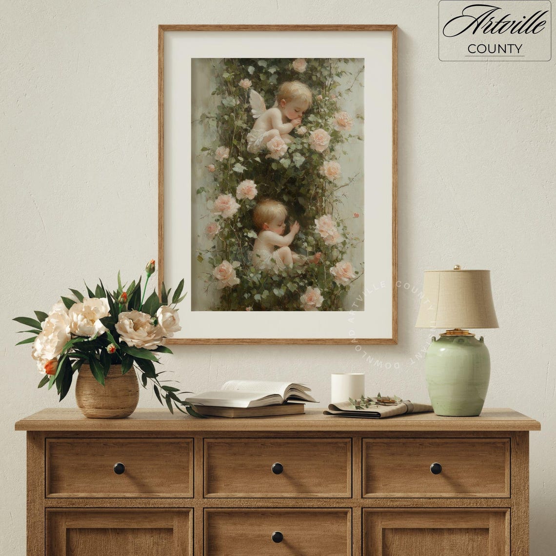 Sleeping Baby Angels Roses Vintage Nursery Floral Painting Poster - Image 3