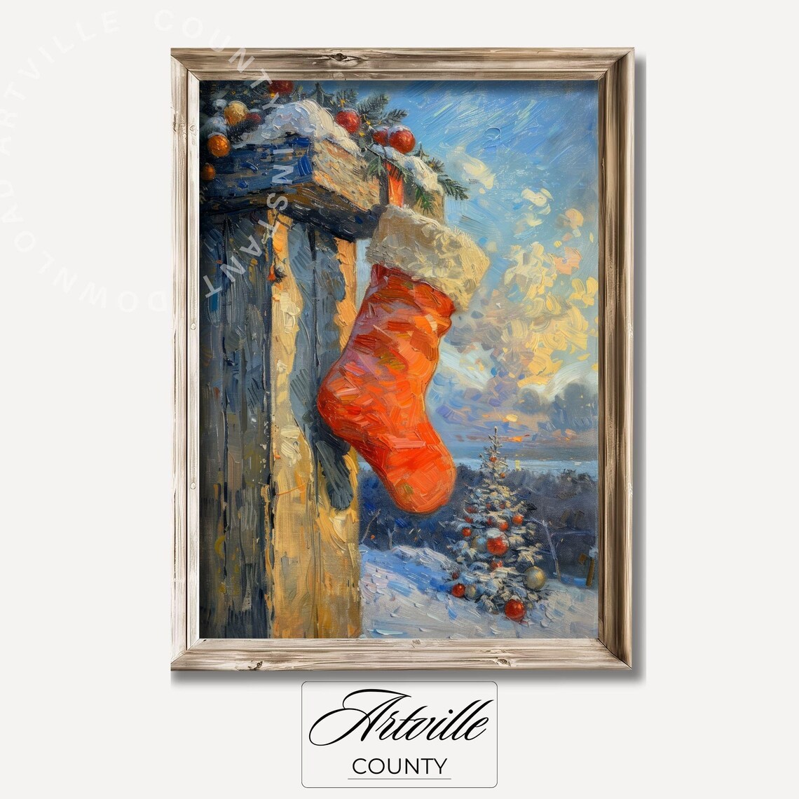 Red Christmas Stocking Hanging On Snowy Porch Holiday Poster