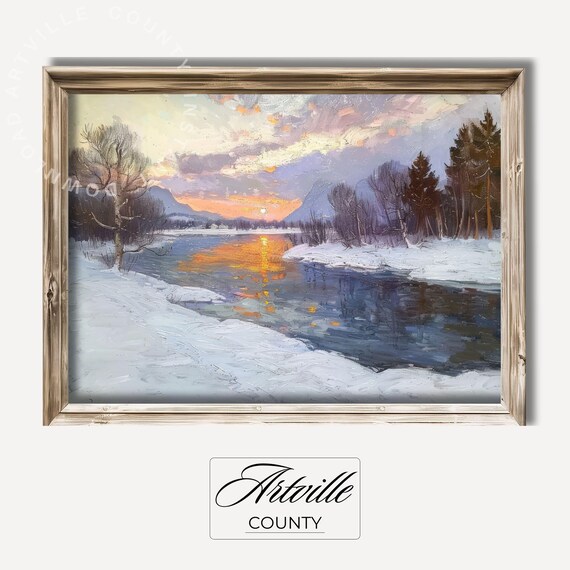 Winter Sunset Over Frozen River with Snowy Banks Landscape Poster