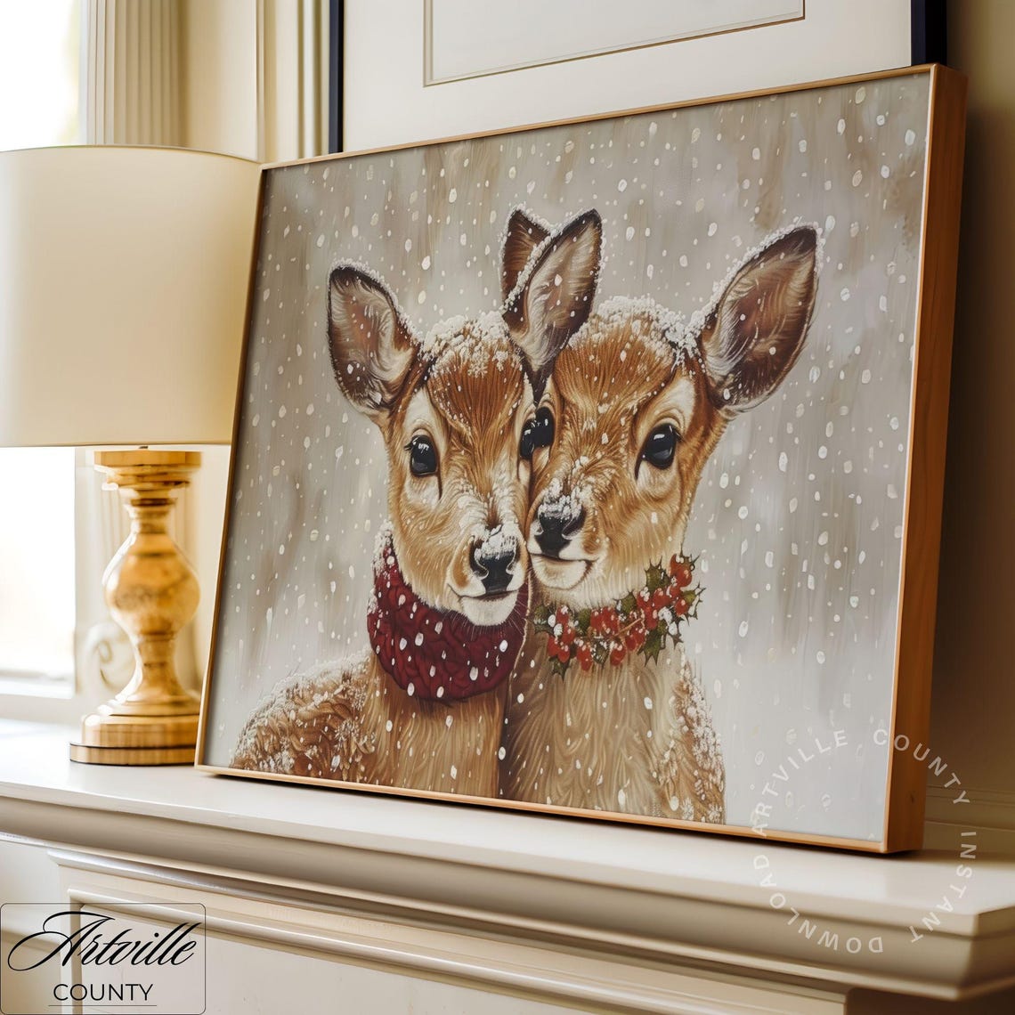 Two Reindeer Nuzzling Together In Falling Snow Christmas Poster - Image 2