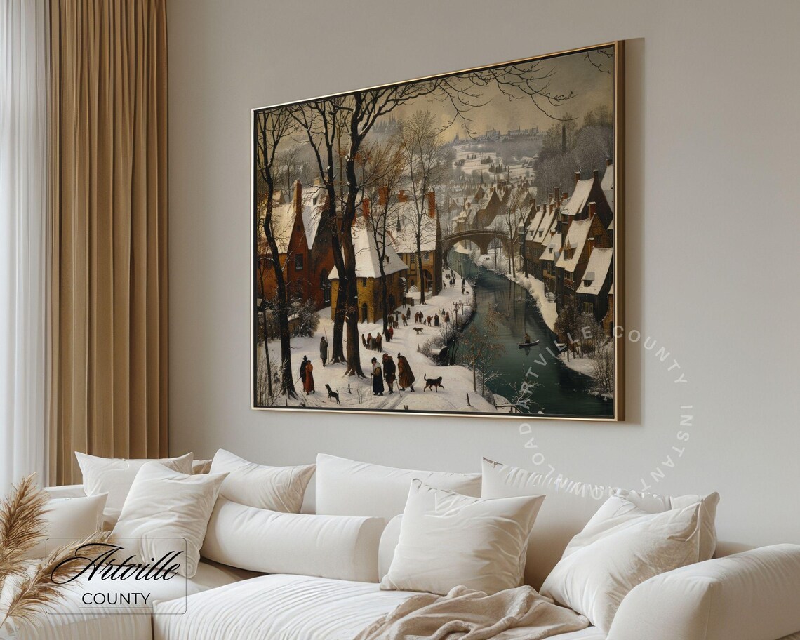 Snowy Country Landscape Painting, Rustic Winter Cottage - Image 2