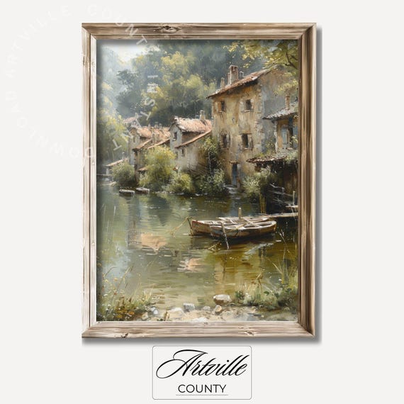 Riverfront Village Oil Painting Italian Cottage Art Print Vintage Farmhouse Wall Art Rustic Country Wall Art