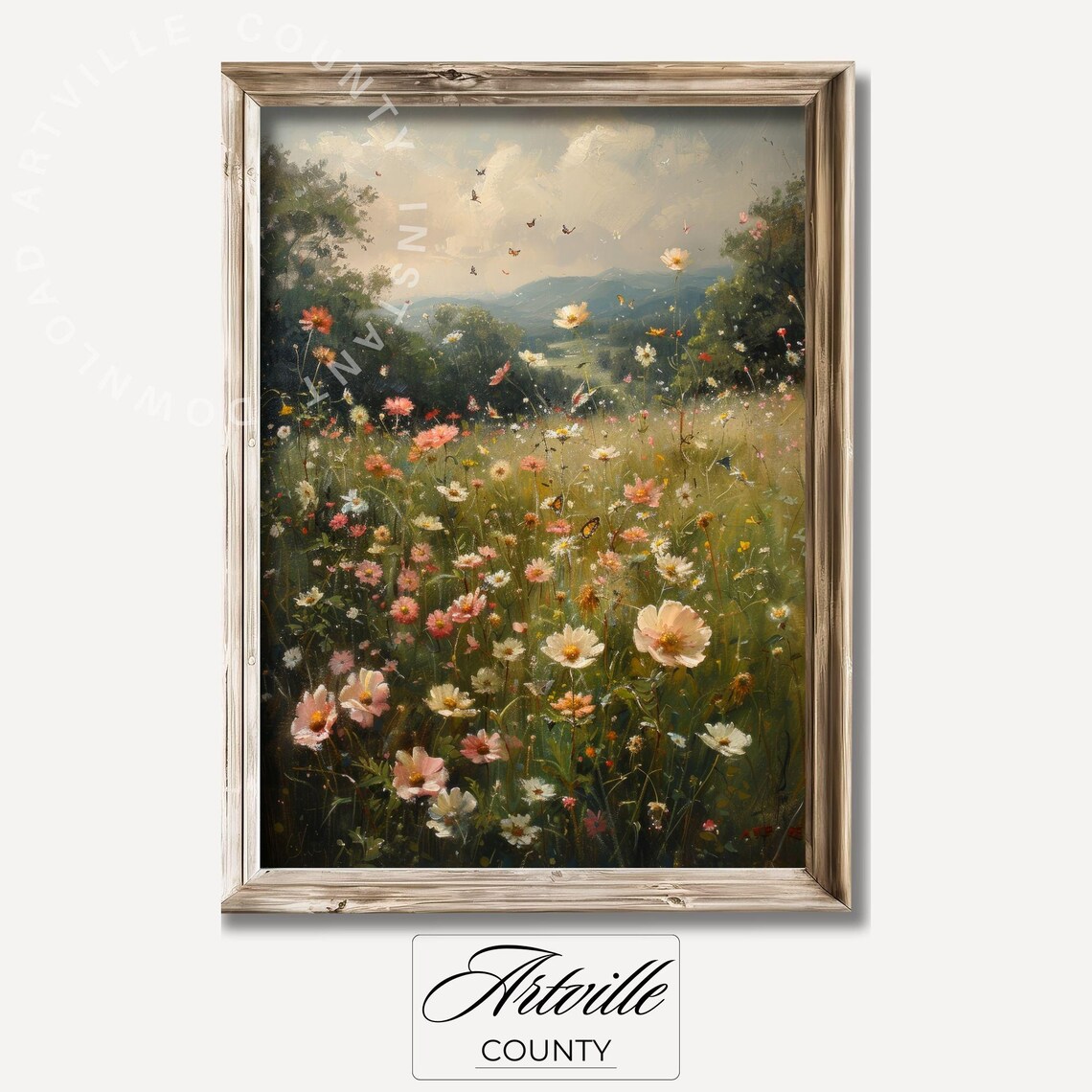 Wildflower Meadow Landscape, Vintage Cottage Art Print