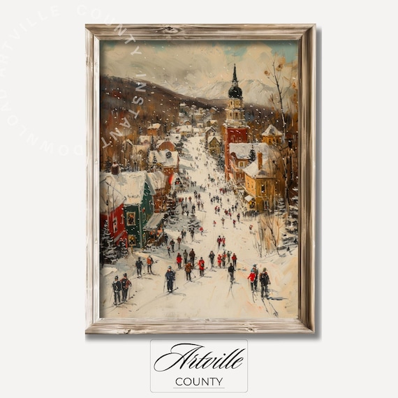Vintage Ski Village Winter Landscape Art Print