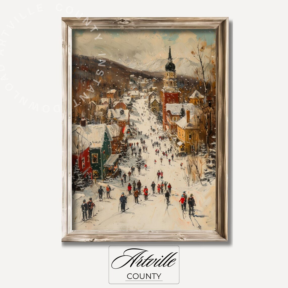 Vintage Ski Village Winter Landscape Art Print