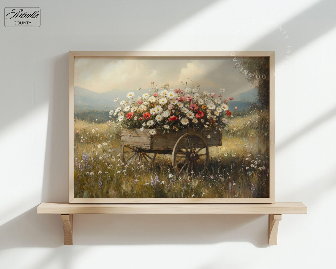 Wildflower Wagon Meadow Vintage Daisy Flower Cart Painting Poster - Image 4