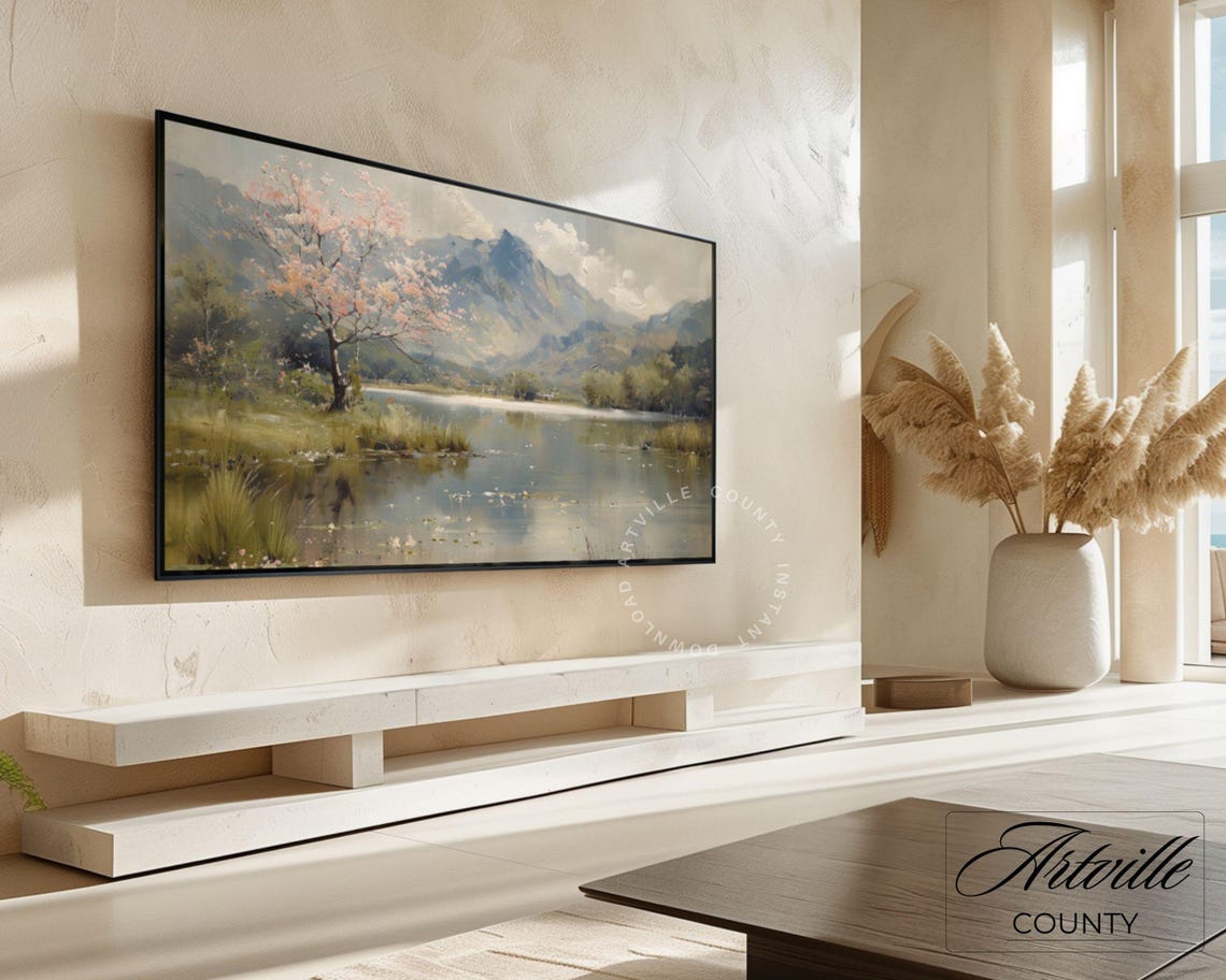 Cherry Blossom Tree by Mountain Lake Spring Landscape Poster - Image 4