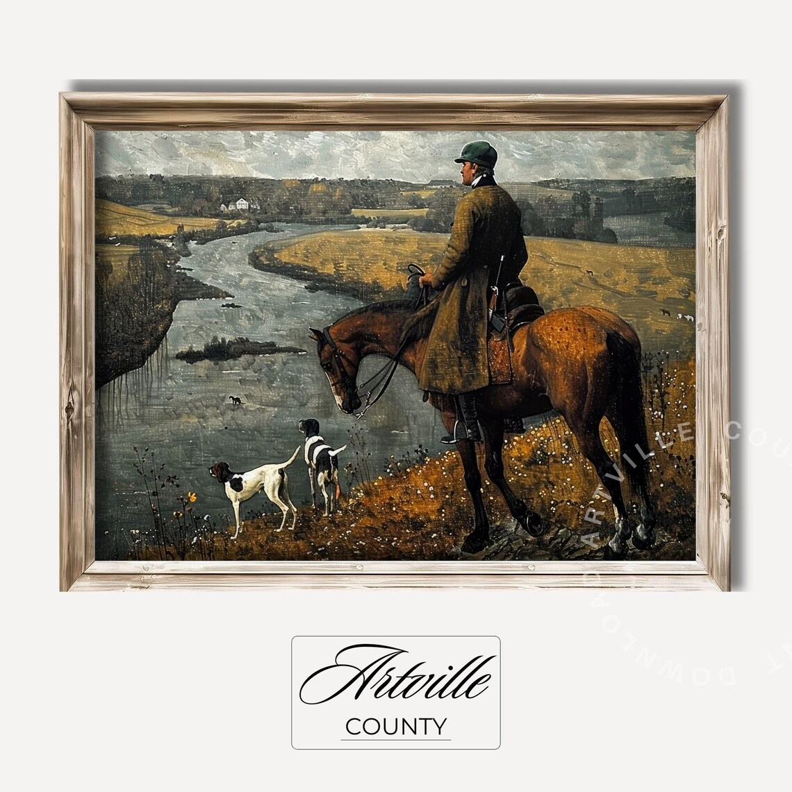 Horseback Rider Riverbend Hounds Vintage Hunting Landscape Poster