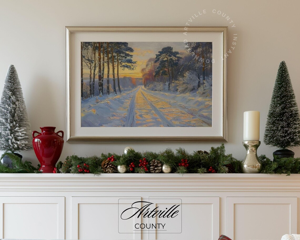 Snowy Forest Road Sunrise Pine Trees Impressionist Oil Painting Poster - Image 5
