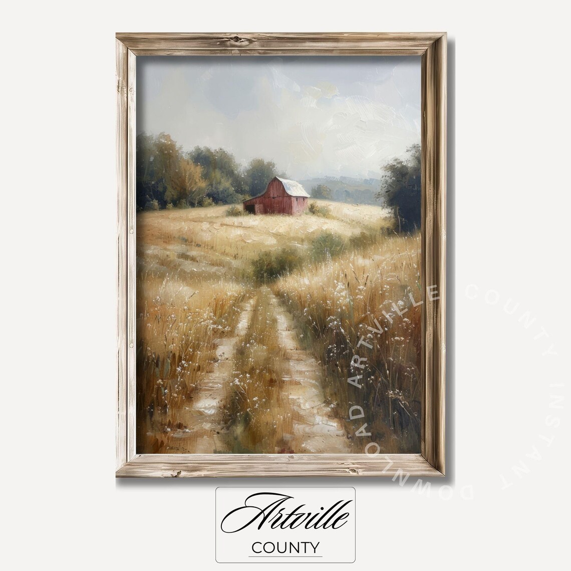 Vintage Countryside Barn Painting, Autumn Landscape Art Print