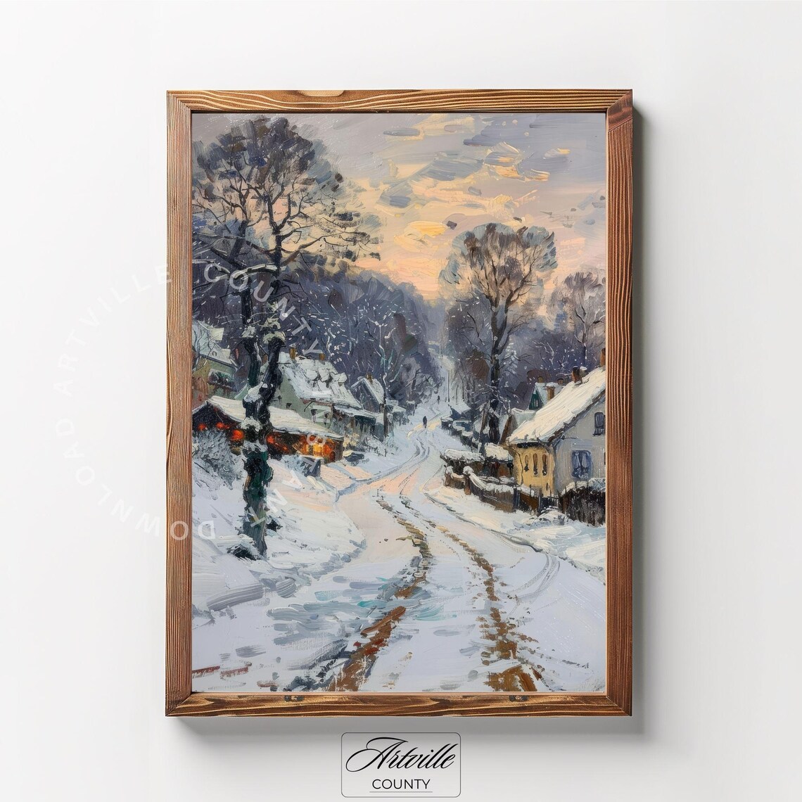Snowy Village Street Winter Dusk Cottage Lights Oil Painting Poster - Image 3
