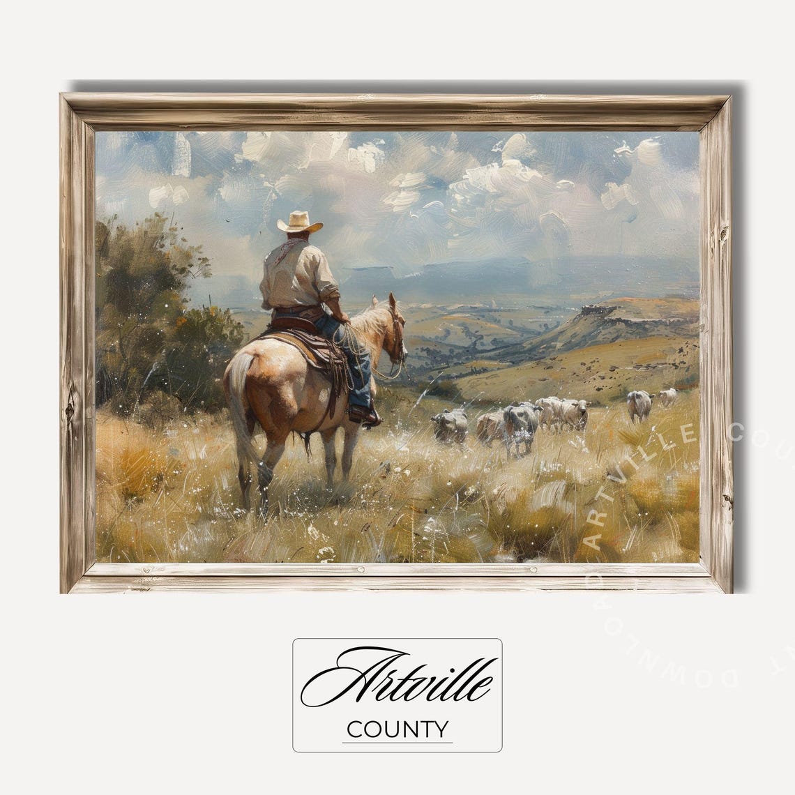 Cowboy on Horseback Watching Cattle Western Frontier Oil Poster - Image 2
