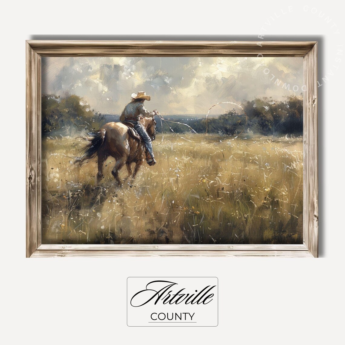Cowboy on Horse Roping Vintage Western Painting Ranch Wall Art