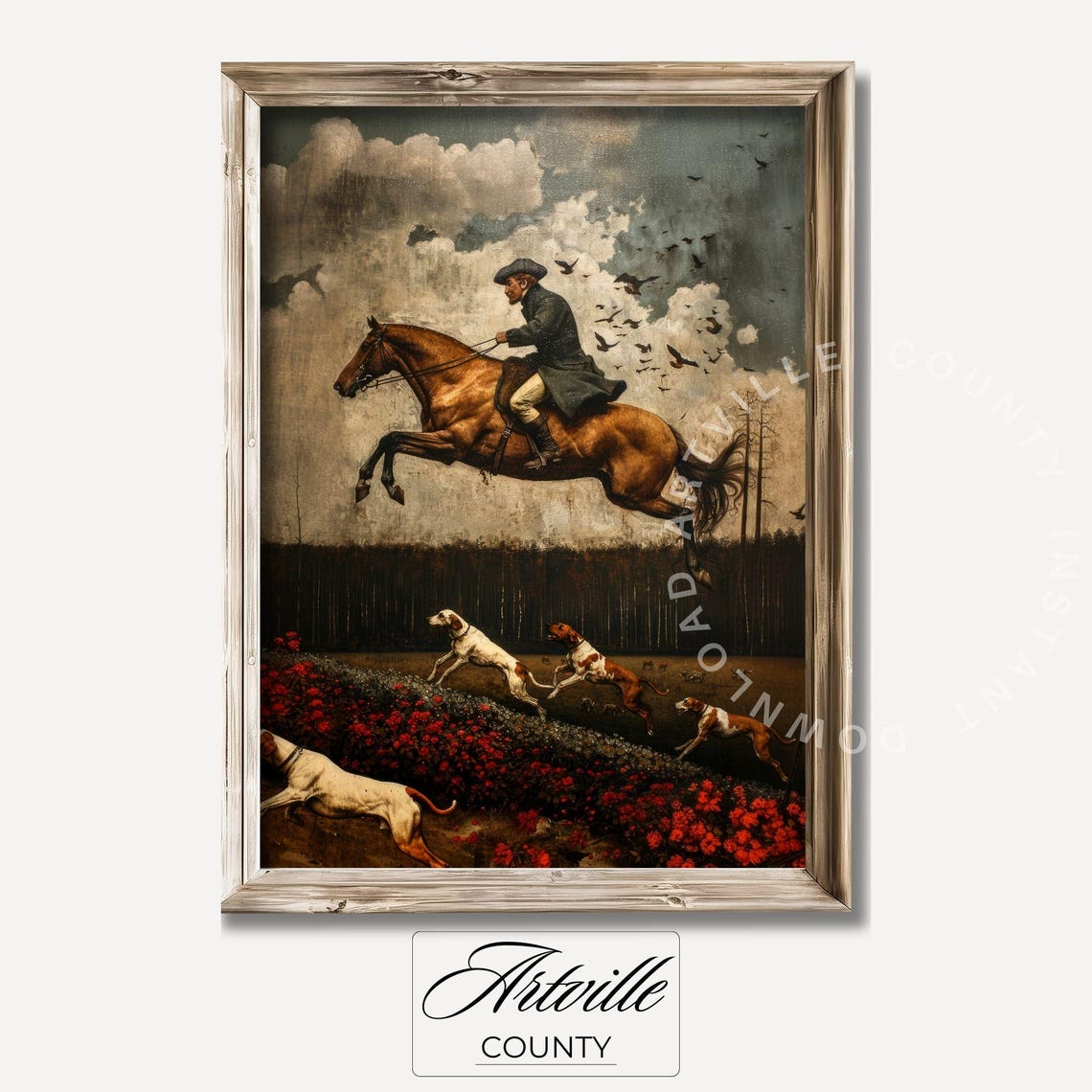 Vintage Hunting Art Antique Horse Rider Print Equestrian Wall Art Hunting Dogs Art Vintage Landscape Painting