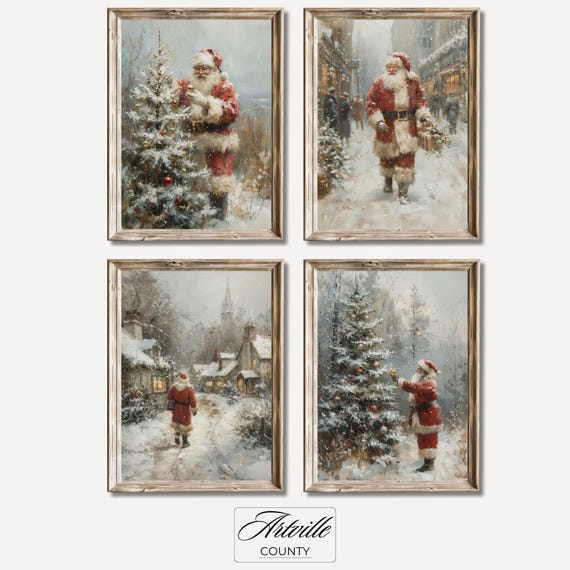 Vintage Santa Christmas Tree Wall Art Set