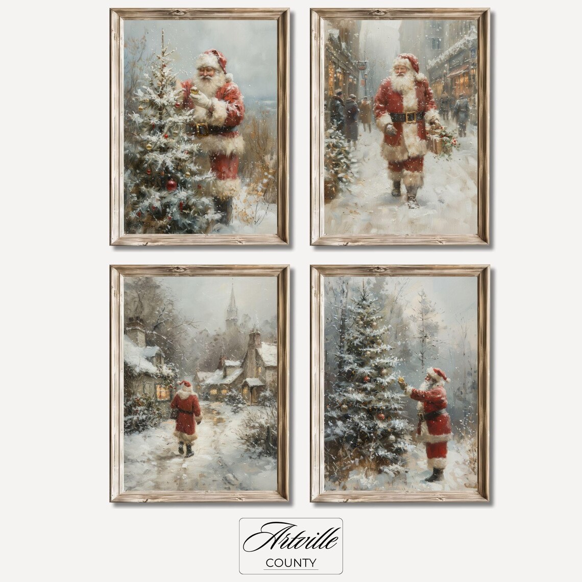 Vintage Santa Christmas Tree Wall Art Set