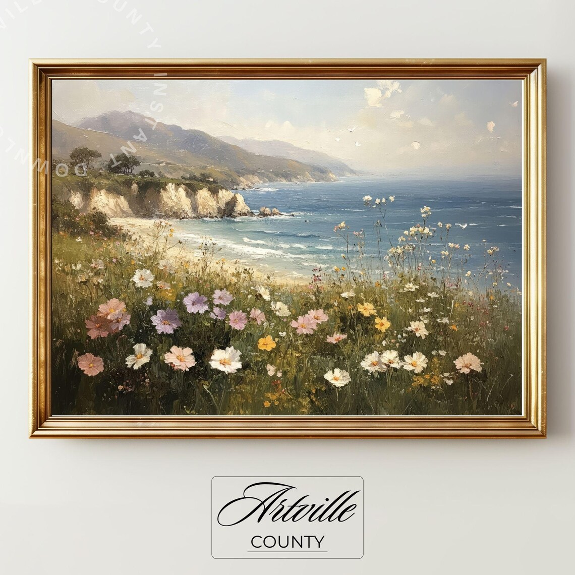 Vintage Seascape Poster Print, Wildflowers Coastal Decor