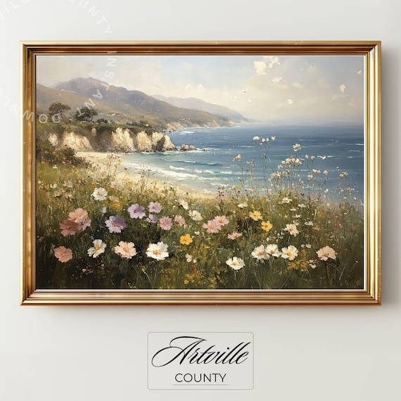 Vintage Seascape Poster Print, Wildflowers Coastal Decor