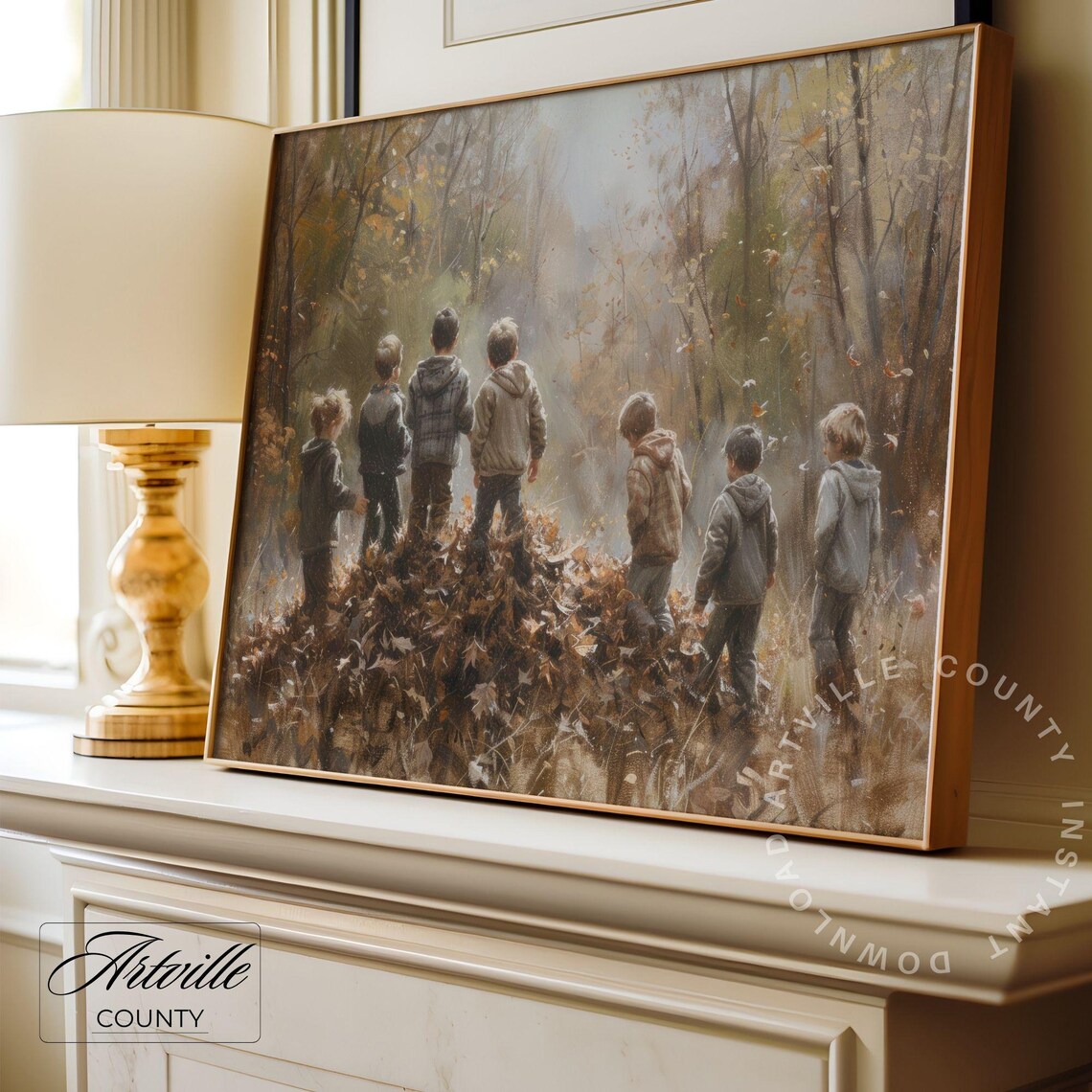 Children Playing in Autumn Leaves Nostalgic Fall Painting Poster - Image 3