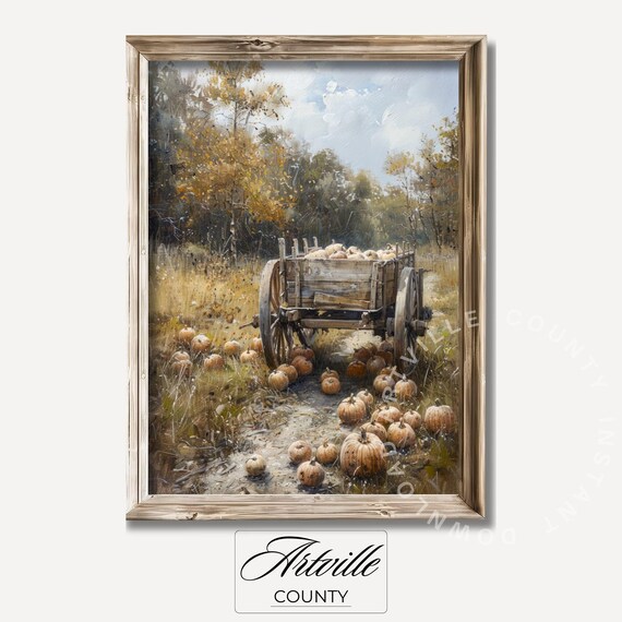 Pumpkin Harvest Cart in Golden Autumn Field Vintage Farm Poster