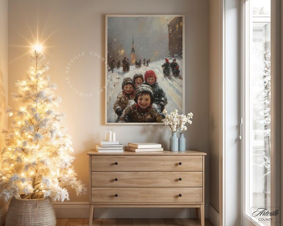 Vintage Kids Sledding in Snowy Village Christmas Winter Art Poster