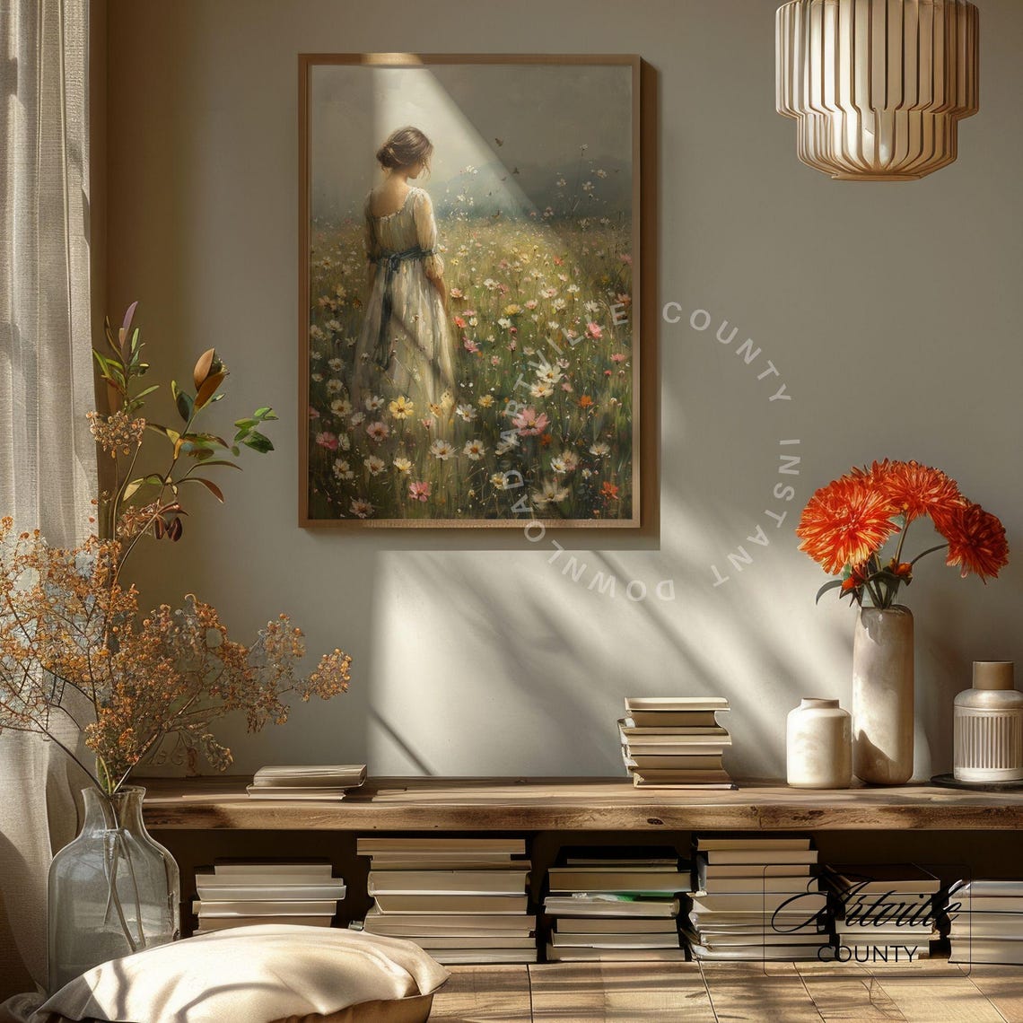 Girl In Meadow Landscape Painting Vintage Wildflower Field Wall Art Moody Cottage Print Art Woman In Field Oil Painting - Image 4