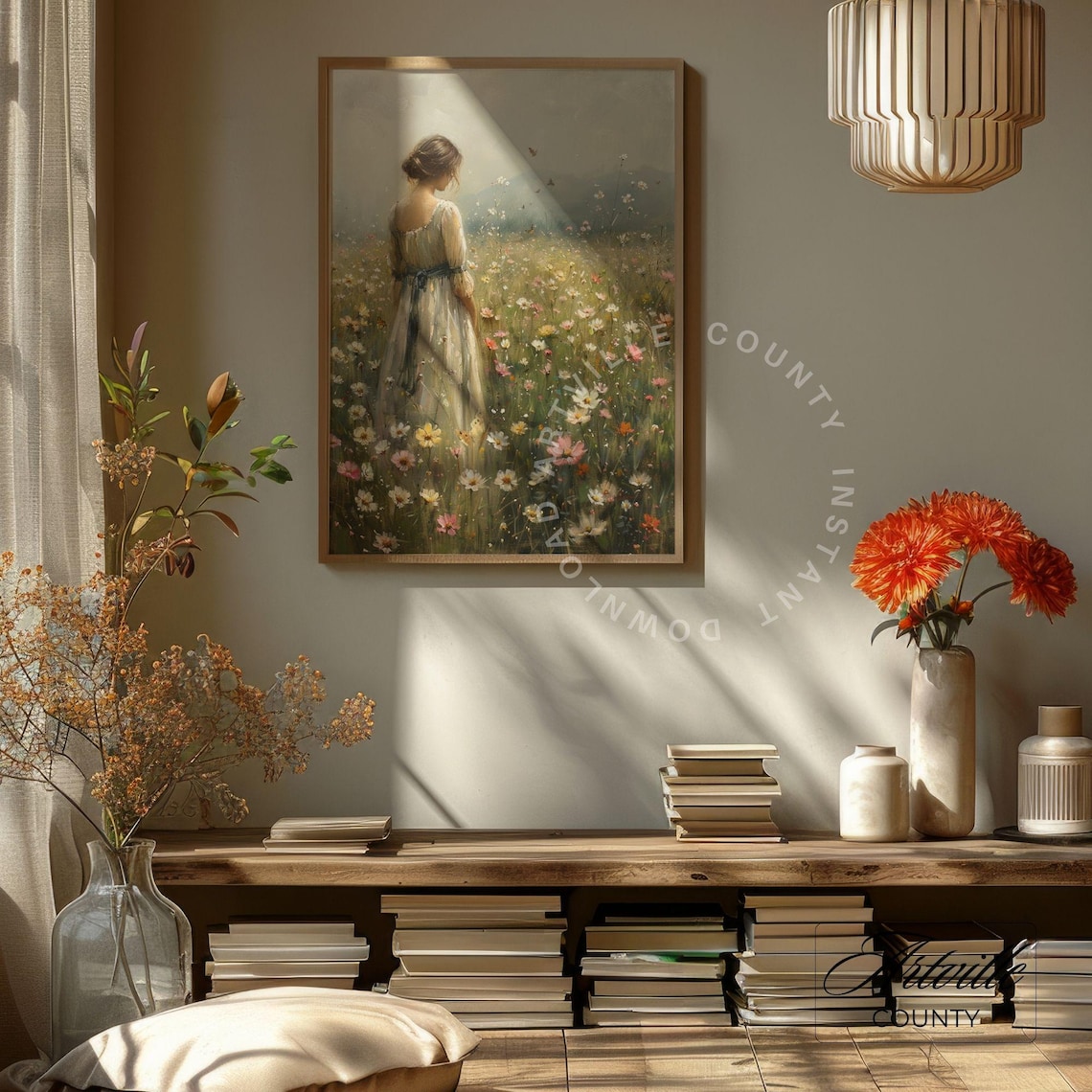 Woman In White Dress Walking In Wildflower Meadow Summer Poster - Image 4