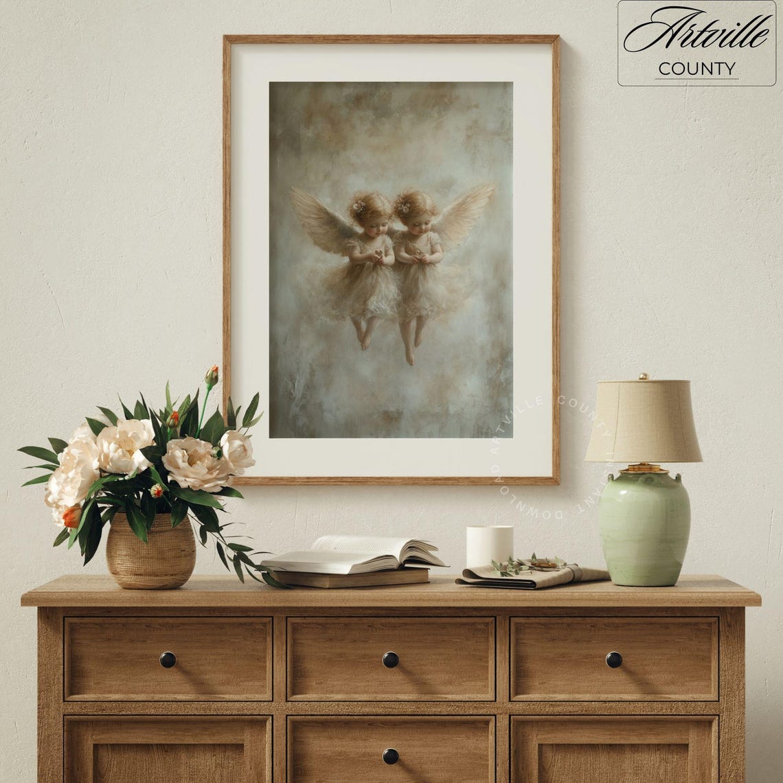 Two Little Angels Floating In Soft Clouds Vintage Nursery Poster - Image 3