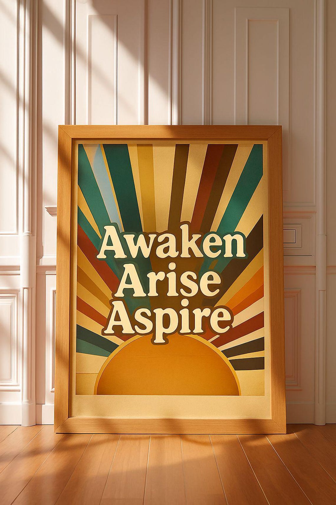 Awaken Arise Aspire Retro Sunburst Sunshine Groovy Quote Wall Poster