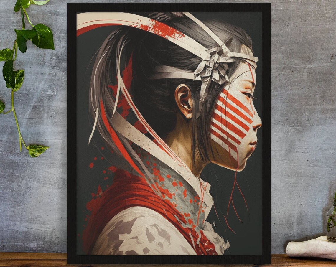 Japanese Woman Headband Red Face Paint Warrior Portrait Poster