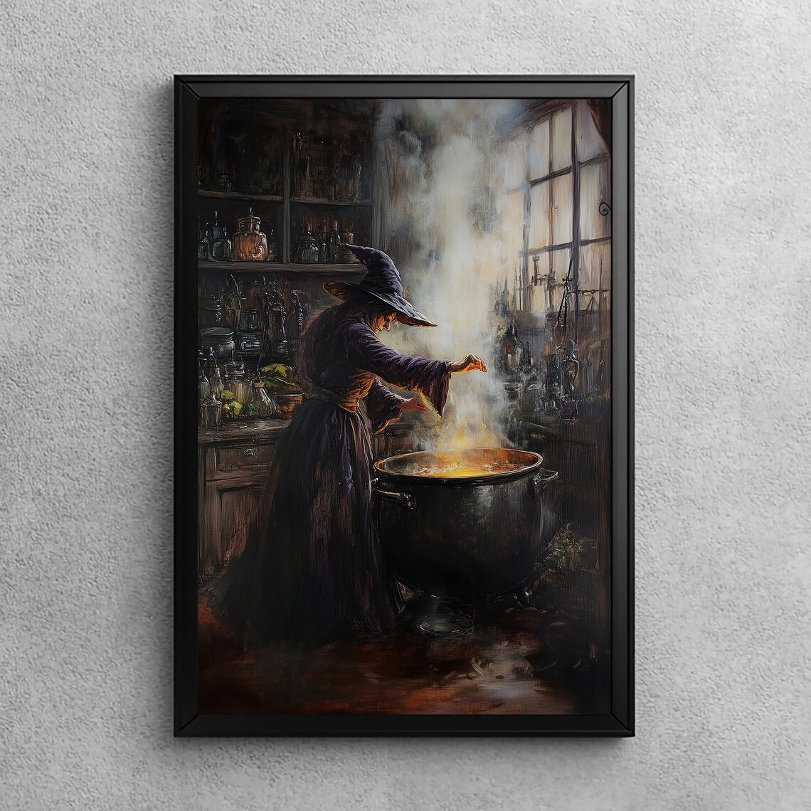 Witch At Her Cauldron Medieval Oil Painting Poster