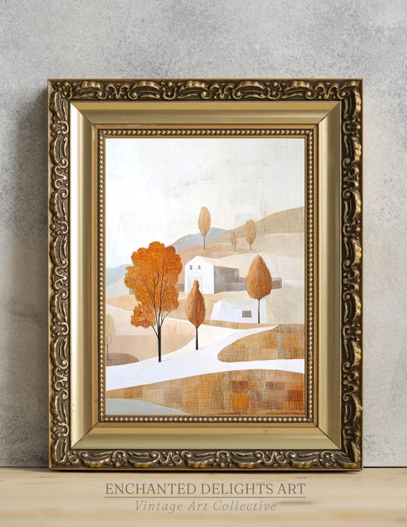 Cubism Fall Day Vintage Wall Art Print Geometric Minimalist Rustic Painting