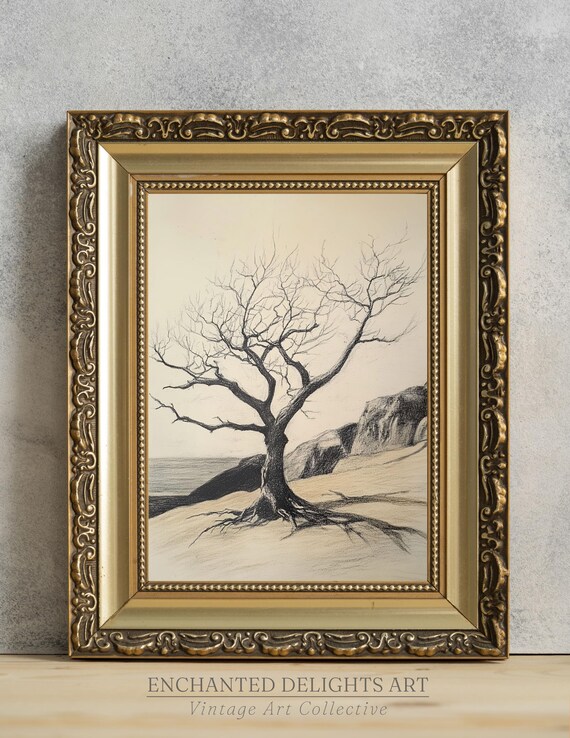Solitary Dead Tree Coastal Rocks Vintage Pencil Sketch Poster